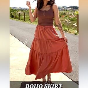 HAEOF Boho Rust Tiered Maxi Skirt - Size Large